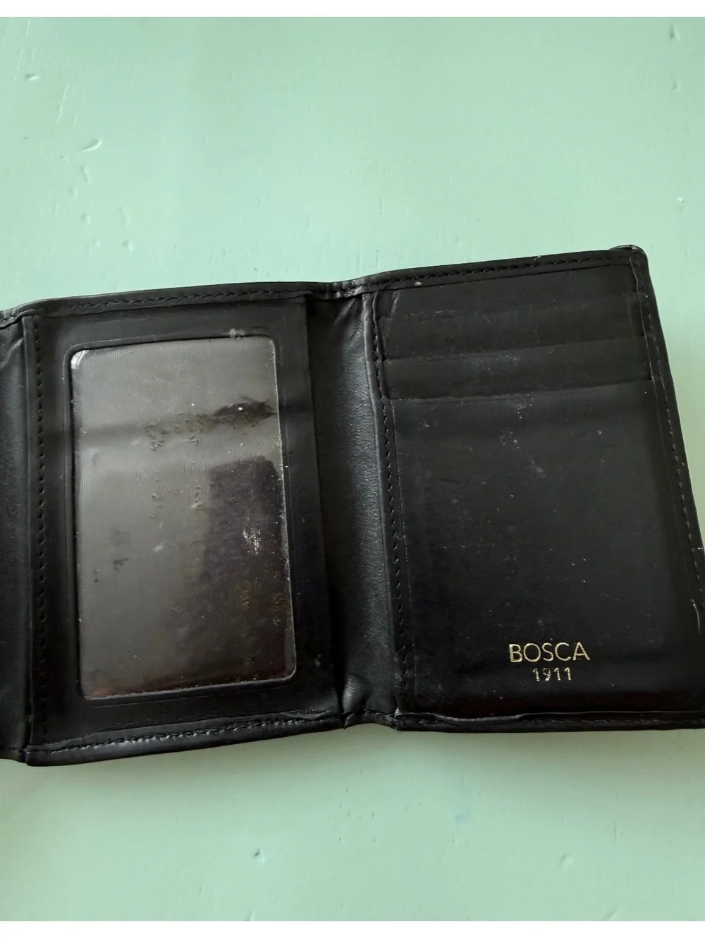 Bosca 1911 Black Leather Tri-Fold Wallet with Card Slots
